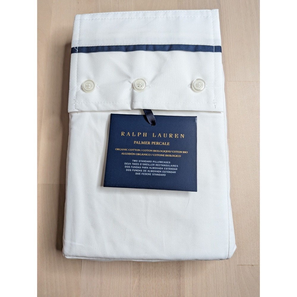 Ralph Lauren Palmer Organic Cotton Standard Pillowcase Set White Navy NWT